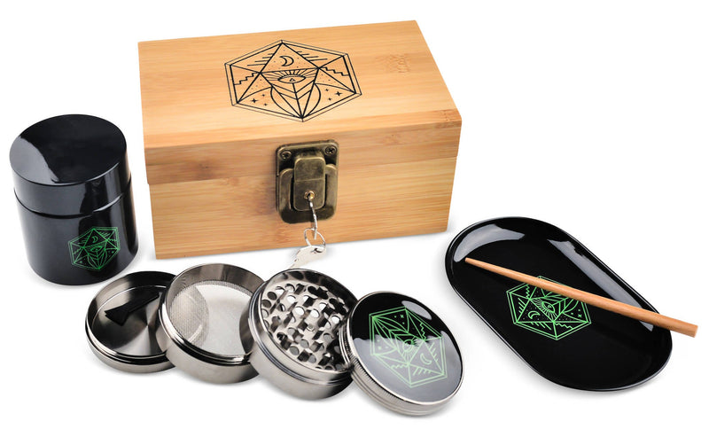 Vintage Stash Box Bundle - Ancient Symbol Design - Grinder - Rolling Tray - Airtight & UV Protecting Glass Jar - Accessory Gift Kit - Secure Storage Box - Lock & Key - Leaf-Way Brand Accessories_0